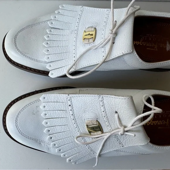 SALVATORE FERRAEGAMO White Leather Removable Kiltie Golf Shoe size  6-6.5  Italy - Picture 6 of 9